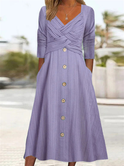 Casual Fashion Women Solid Color V Neck Cross Design Buttoned Maxi Dress