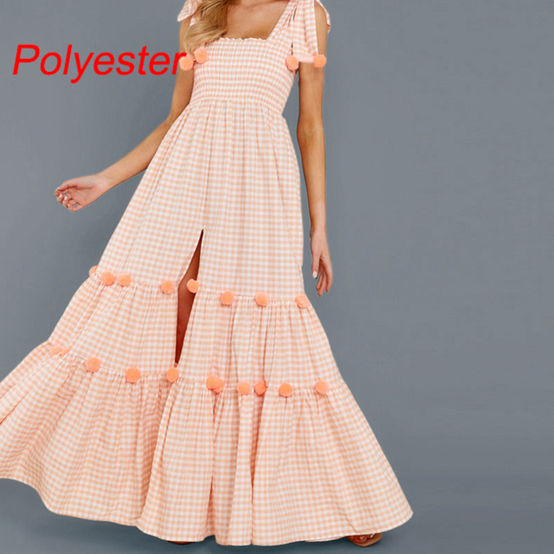 Women Sweet Casual Bohemia Plaid Color Blocking Sleeveless A-line Maxi Dress