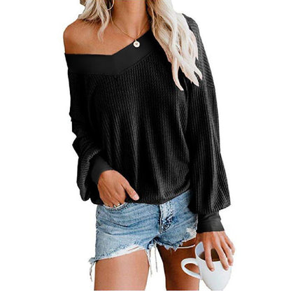 Women Fashion Winter Casual Lantern Sleeve Solid Color Knitted Top