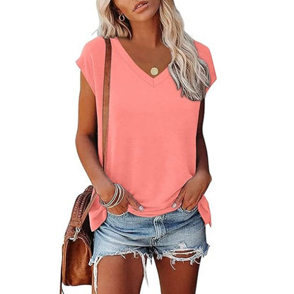 Camiseta informal de verano para mujer, con cuello en V, color liso, de manga corta y sin mangas