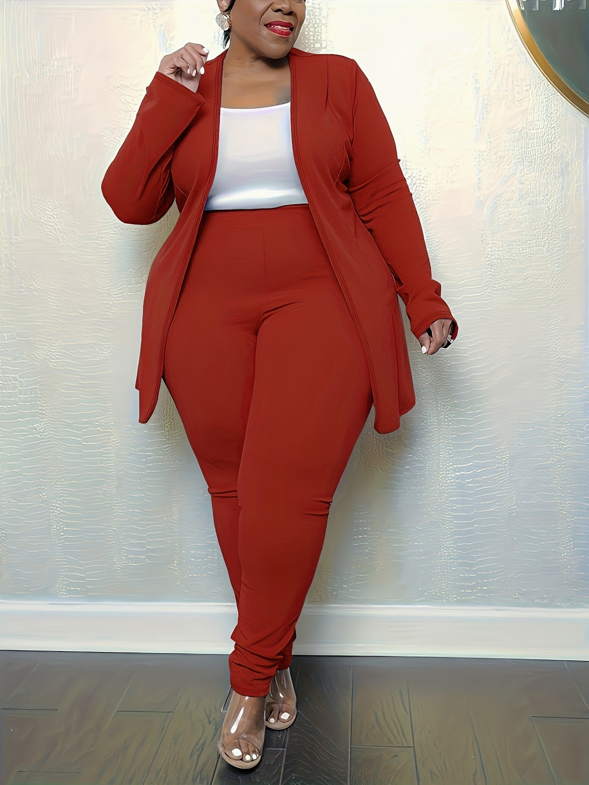 Conjunto de dos piezas informal para mujer, color liso, cuello en V, manga larga, pantalones ajustados, talla grande