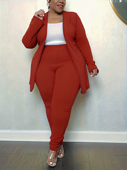 Conjunto de dos piezas informal para mujer, color liso, cuello en V, manga larga, pantalones ajustados, talla grande
