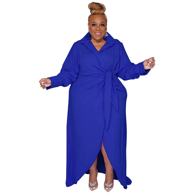 Women Fashionable Casual Plus Size Solid Color Long Sleeve Lel High Waist Split Dress