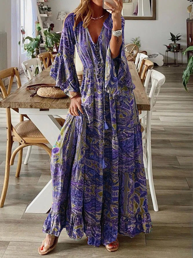 Vestido largo informal bohemio con estampado de flores diminutas y cuello en V y mangas abullonadas para mujer