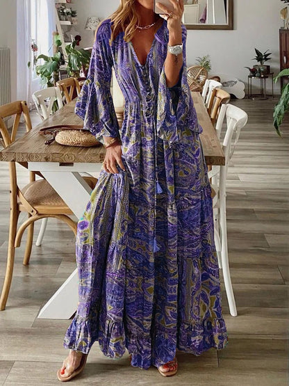 Vestido largo informal bohemio con estampado de flores diminutas y cuello en V y mangas abullonadas para mujer