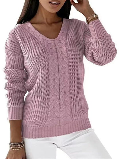 Women Fashion Casual V-Neck Long Sleeve Solid Color Knitted Sweater