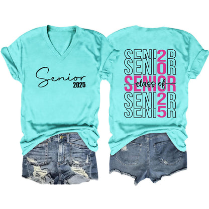 Camiseta informal de manga corta con cuello en V y estampado de letras para mujer 2025