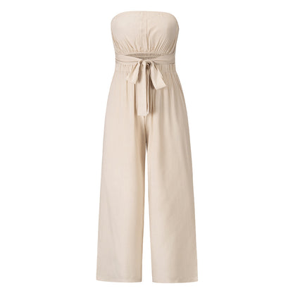 Women Summer Casual Tube Top Tie Wide Leg Jumpsuit