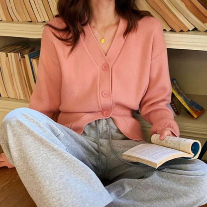 Women Fashion Casual Solid Color V-Neck Long-Sleeve Knitte Sweater Coat