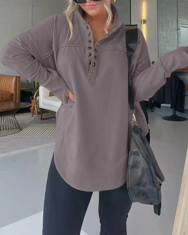 Sudadera informal de color liso con botones gruesos para mujer