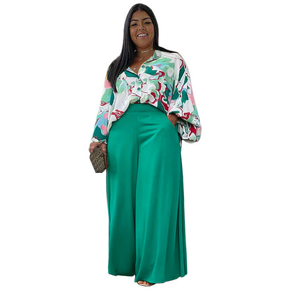Conjunto de dos piezas para mujer, camisa de manga larga holgada, informal, estampada, de talla grande y pantalones anchos de color liso.