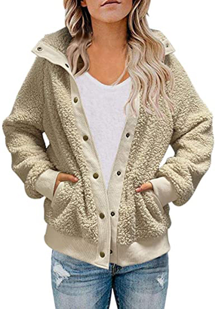 Abrigo de peluche holgado informal de invierno de manga larga y color liso para mujer