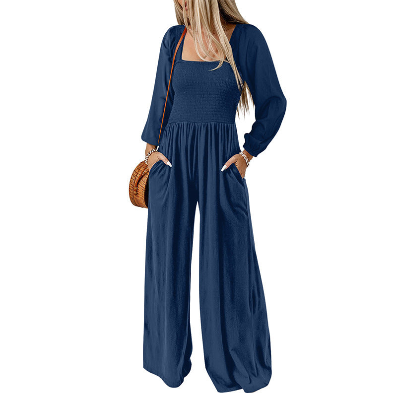 Women Fashion Casual Solid Color Square Collar Long Sleeve High Waist Wide Leg Jumpsuits