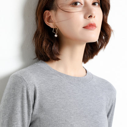 Women Simple Casual Solid Color Round Neck Long Sleeve Knitted Sweater