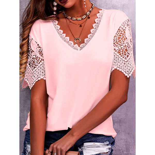 Blusa informal de manga corta con cuello en V, holgada, con encaje y patchwork de color liso para mujer