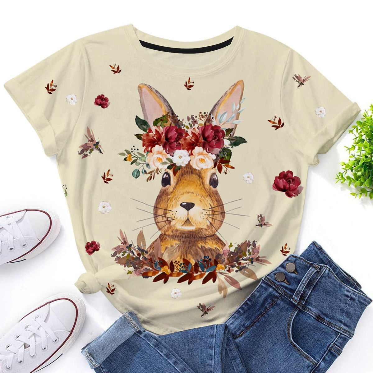 Camiseta informal de manga corta con cuello redondo y estampado de conejo de Pascua para mujer