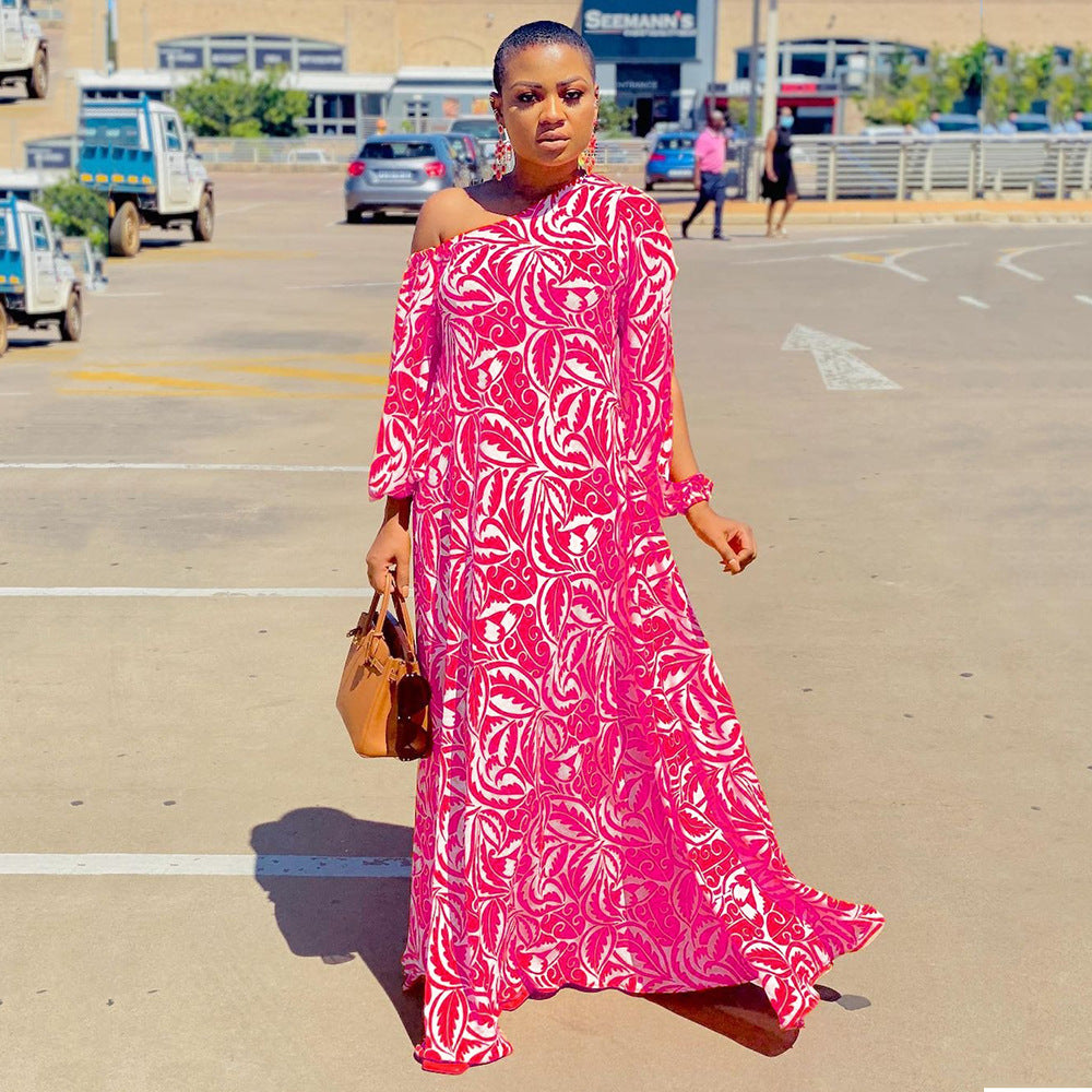 Summer Women Fashion Casual Oblique Shoulder Geometric Print Loose Maxi Dress
