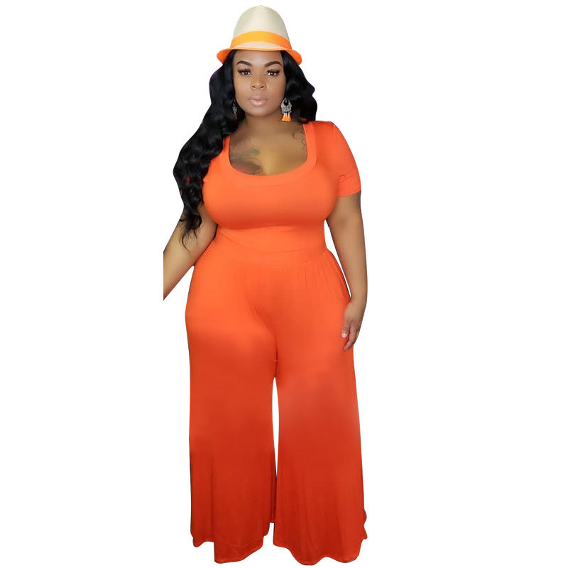 Women Elegant Basic Solid Color Short-sleeved Fashion Casual Plus Size Wide Leg Jumpsuits
