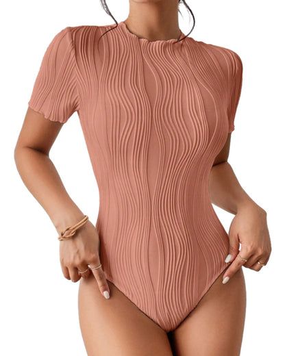 Women Fashion Casual Corrugated Round Neck Short Sleeve Bodysuits