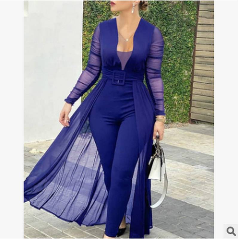 Women Casual Solid Color Deep V Long Sleeve Lace Stitching Jumpsuits
