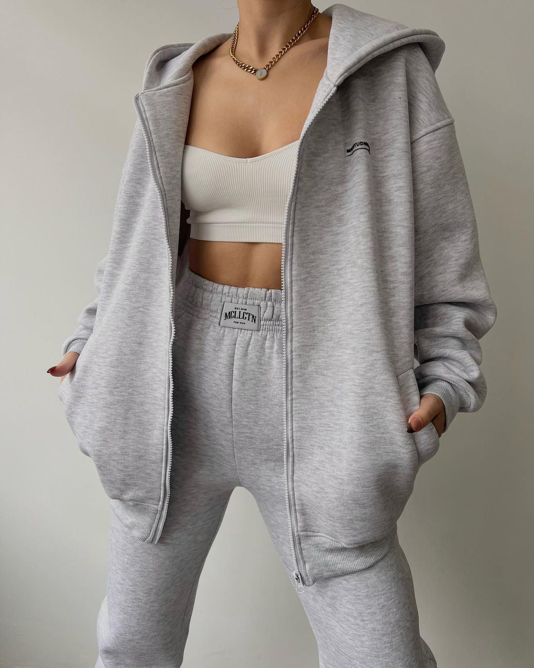 Athleisure Women Long Sleeve Fleece-Lined Zipper Hoodie Sweatpants Casual Sports Set