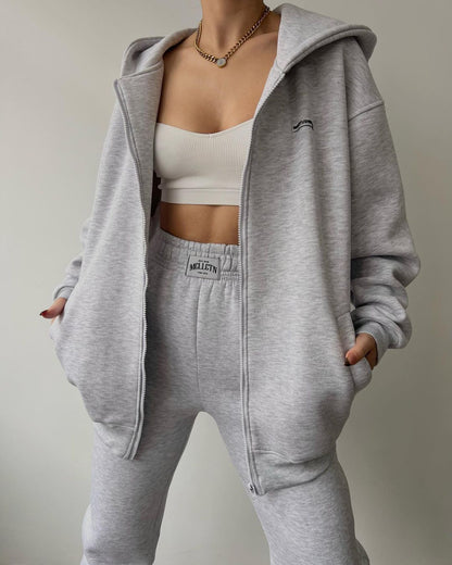 Athleisure Women Long Sleeve Fleece-Lined Zipper Hoodie Sweatpants Casual Sports Set