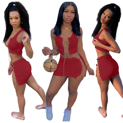 Women Fashion Casual Solid Color Hollow Mental Chain Strap Crop Top And Skirt Two Pieces Set