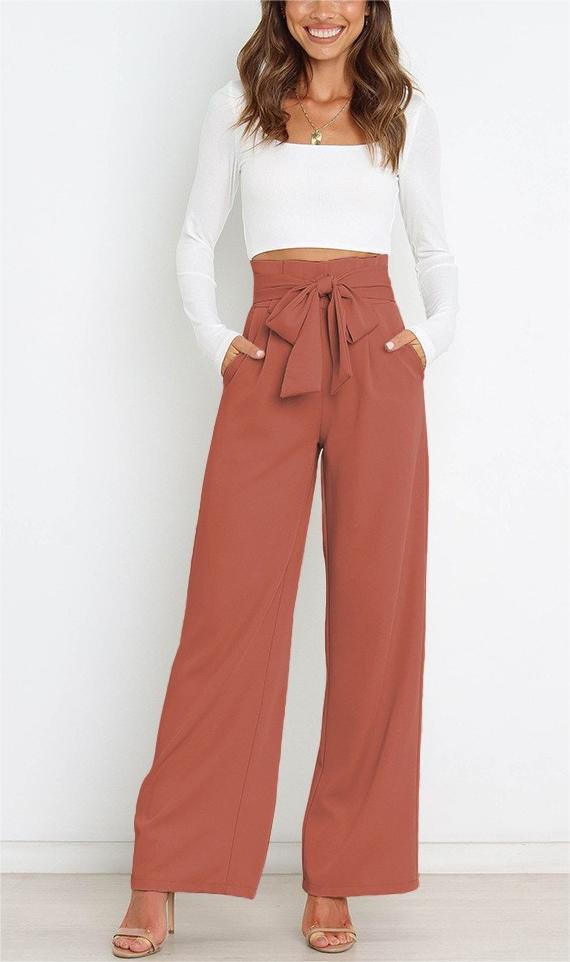 Pantalones casuales de cintura alta con lazo y cordones de color liso a la moda para mujer