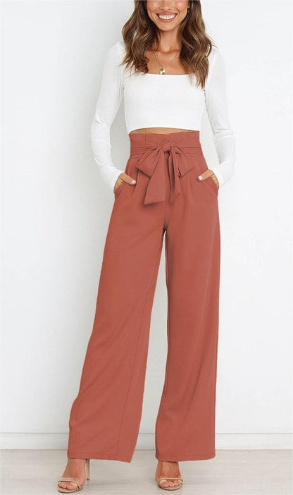 Pantalones casuales de cintura alta con lazo y cordones de color liso a la moda para mujer