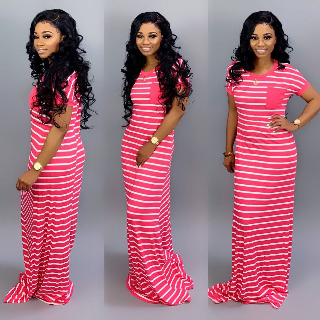Women Casual Basic Stripe Color Blocking Short-sleeved Maxi Dress