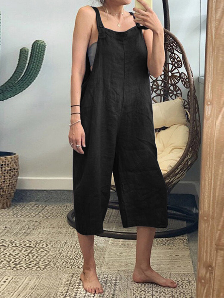 Women Summer Solid Color Cotton Overalls Loose Casual Jumpsuits