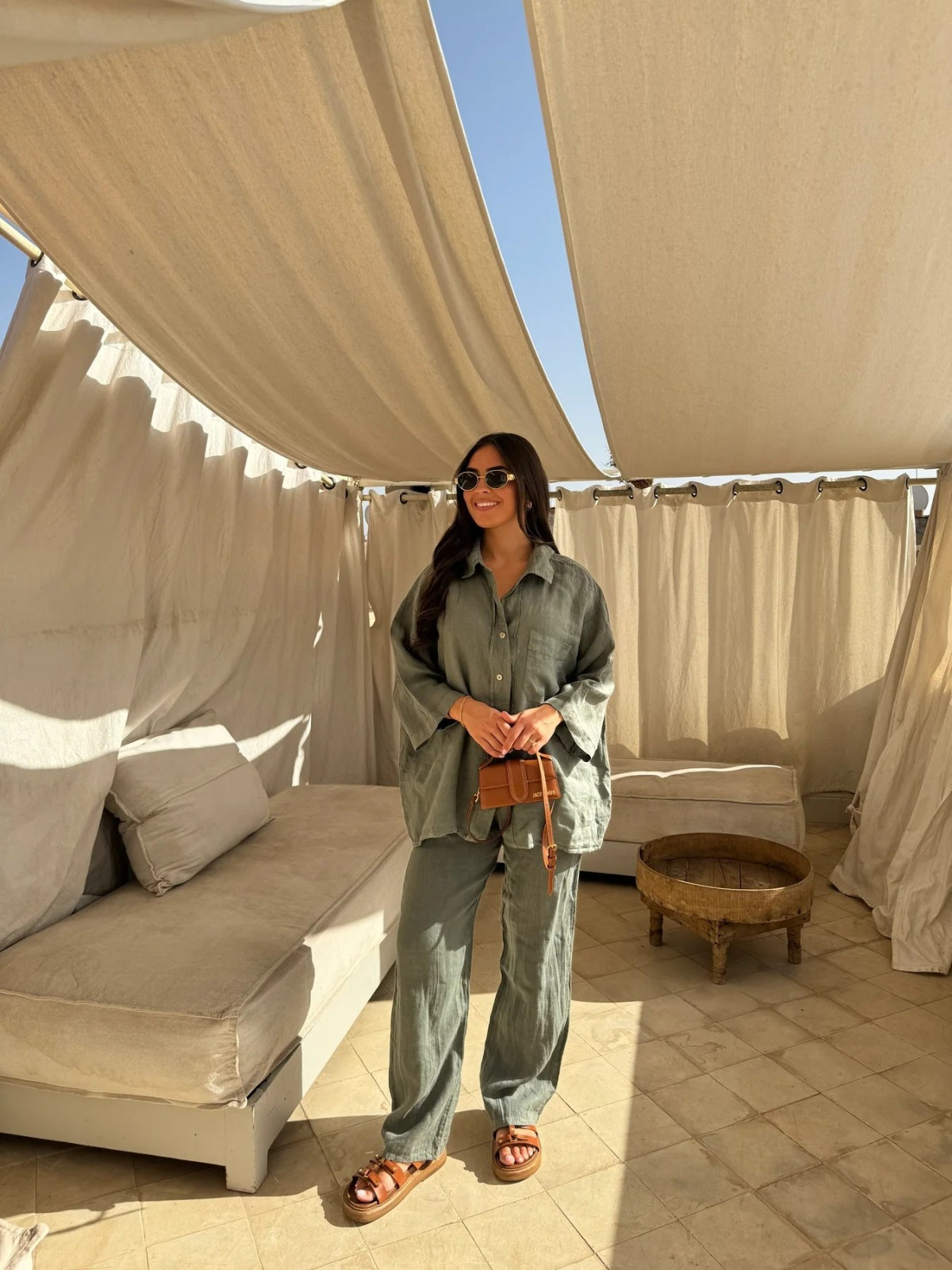 Conjunto de dos piezas formado por camisa y pantalón de lino y algodón, manga larga, solapa, color liso, informal, para mujer, verano