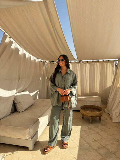 Conjunto de dos piezas formado por camisa y pantalón de lino y algodón, manga larga, solapa, color liso, informal, para mujer, verano