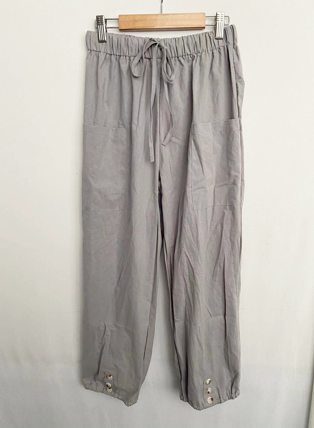 Plus Size Casual Women Loose High Waist Button Cotton Cropped Pants