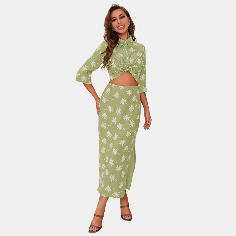 Conjunto de dos piezas formado por camisa y falda con abertura y estampado floral, informal, a la moda para mujer