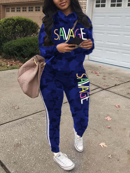 Conjunto de dos piezas de top y pantalón de manga larga con estampado de letras para mujer, informal, de talla grande