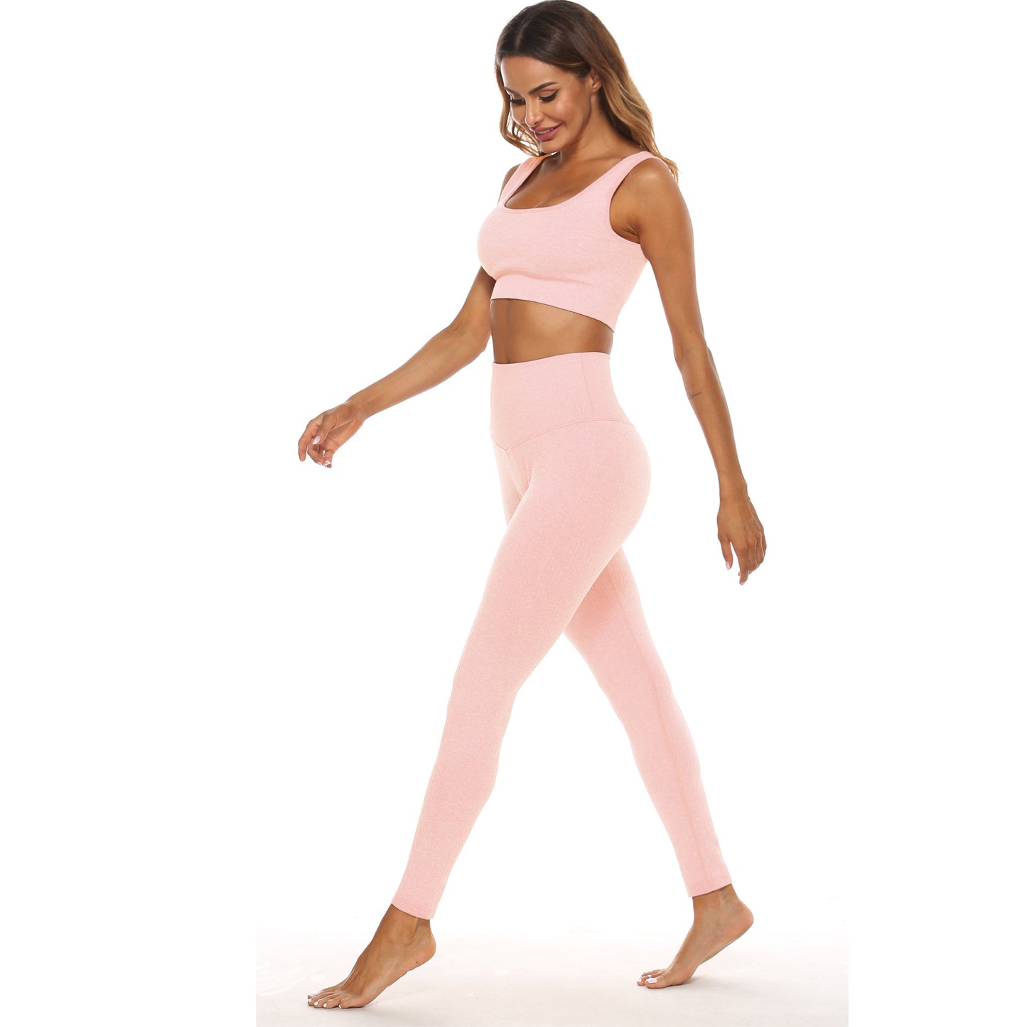 Conjunto deportivo de dos piezas para mujer, color sólido, con cuello en U, camiseta corta y pantalones de cintura alta, para yoga y deportes.