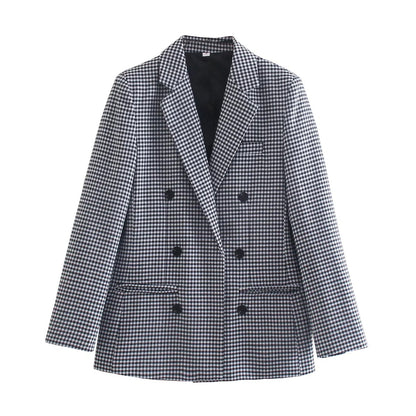 Blazer retro informal de manga larga a cuadros con botonadura sencilla para mujer