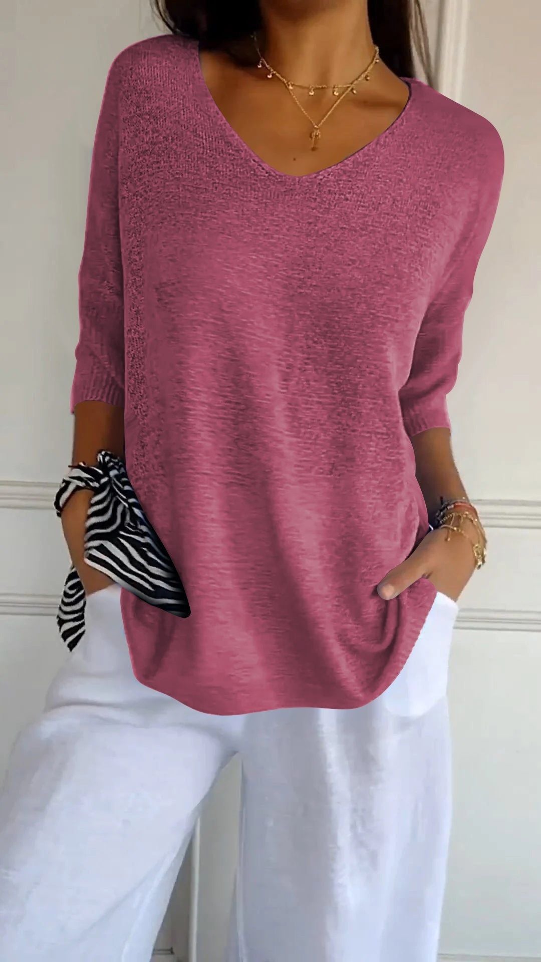 Women Fashion Casual V-Neck Solid Color Knit Sweater
