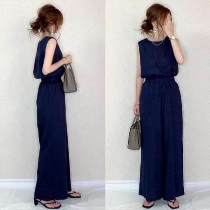 Conjunto de dos piezas formado por top y pantalón sin mangas, informal, de color liso, para mujer