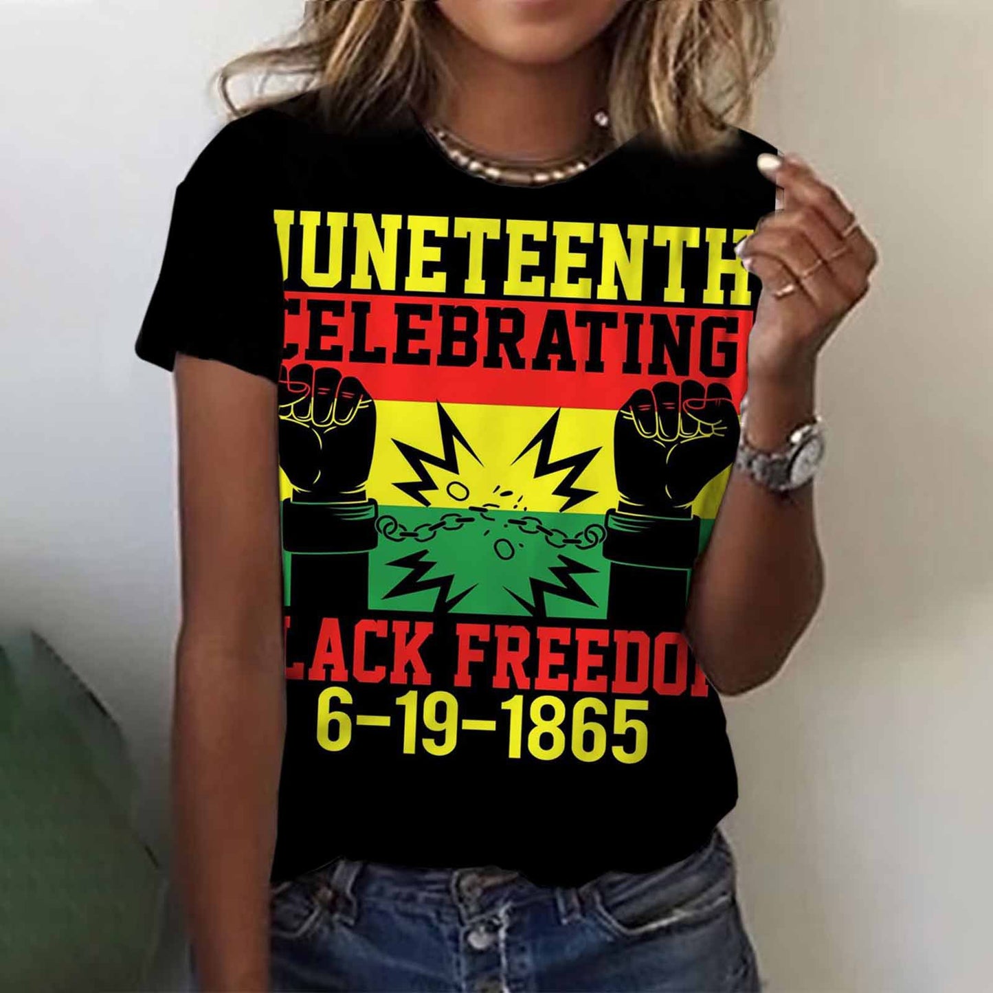 Camiseta informal de manga corta con estampado de letras Juneteenth para mujer