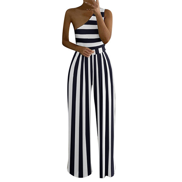Women Slant Collar Sleeveless Casual Elegant Stripe Gradient Jumpsuits