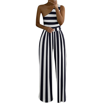 Women Slant Collar Sleeveless Casual Elegant Stripe Gradient Jumpsuits