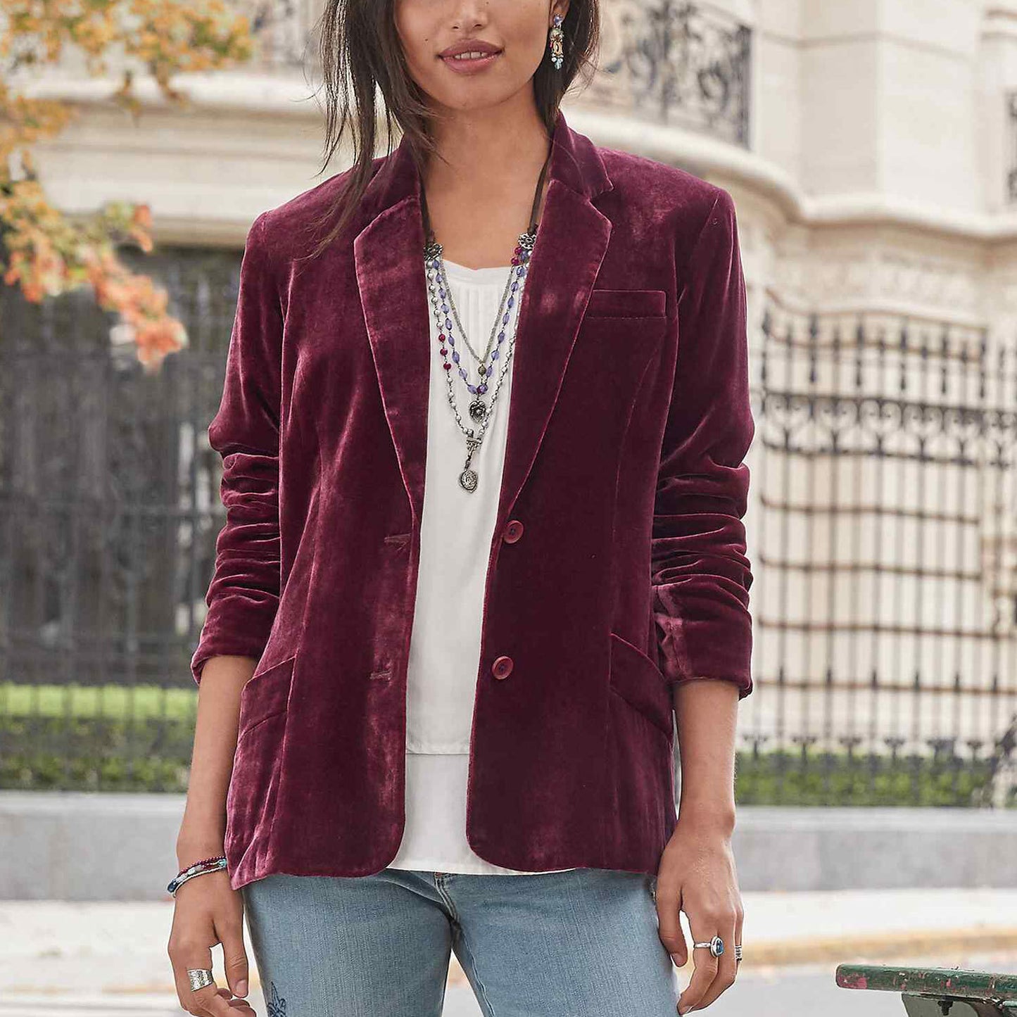 Chaqueta de traje de terciopelo dorado de color liso informal a la moda para mujer