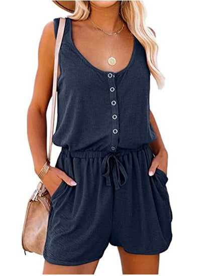 Summer Women Fashion Casual Solid Color Sleeveless Defined Waist Lace-Up Rompers