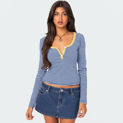 Camiseta informal de manga larga a rayas con cuello en V para mujer