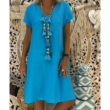 Clearance Sale Women Casual Solid Color Short Sleeve V Neck Dress