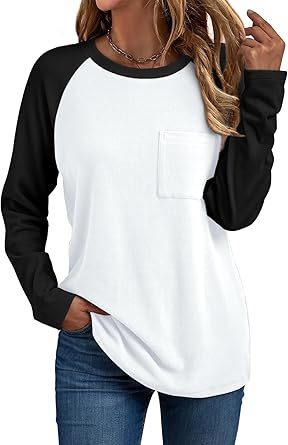 Camiseta informal de manga larga con cuello redondo y bolsillo para mujer