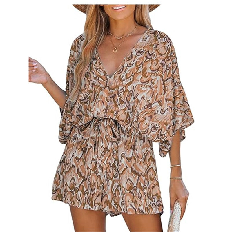 Women Fashion Casual Printed V-Neck Short-Sleeve Lace-Up Rompers