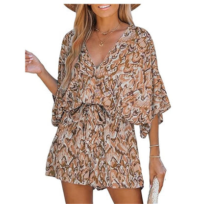Women Fashion Casual Printed V-Neck Short-Sleeve Lace-Up Rompers